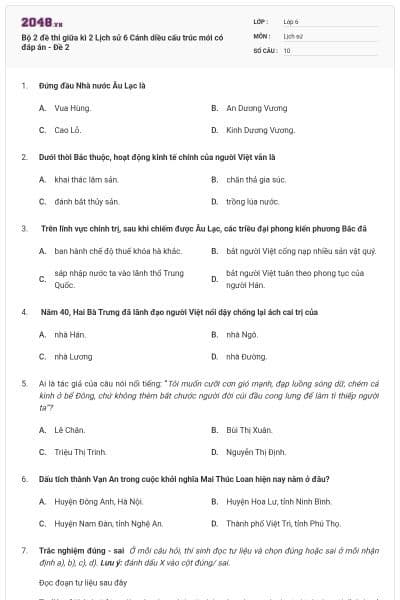 Bộ 2 đề thi giữa kì 2 Lịch sử 6 Cánh diều cấu trúc mới có đáp án - Đề 2