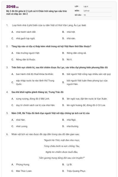 Bộ 2 đề thi giữa kì 2 Lịch sử 6 Chân trời sáng tạo cấu trúc mới có đáp án- Đề 2