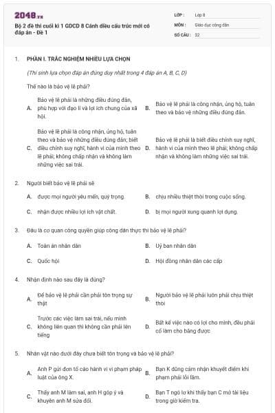 Bộ 2 đề thi cuối kì 1 GDCD 8 Cánh diều cấu trúc mới có đáp án - Đề 1