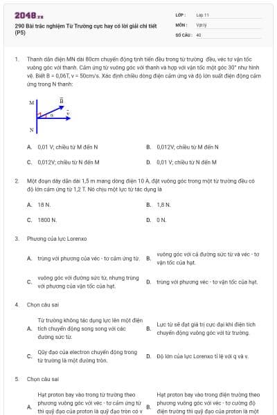 290 Bài trắc nghiệm Từ Trường cực hay có lời giải chi tiết (P5)