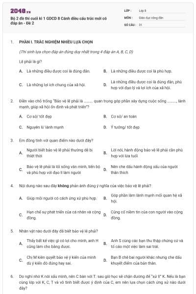 Bộ 2 đề thi cuối kì 1 GDCD 8 Cánh diều cấu trúc mới có đáp án - Đề 2