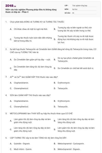 900+ câu trắc nghiệm Phương pháp điều trị không dùng thuốc có đáp án - Phần 4