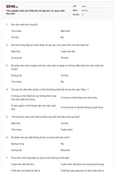 Trắc nghiệm Sinh học 8 Bài 60 (có đáp án): Cơ quan sinh dục nam