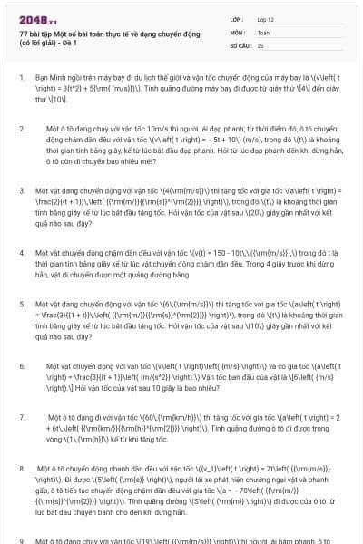 77 bài tập Một số bài toán thực tế về dạng chuyển động (có lời giải) - Đề 1