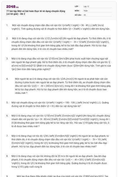 77 bài tập Một số bài toán thực tế về dạng chuyển động (có lời giải) - Đề 2