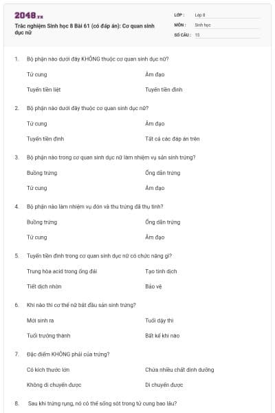 Trắc nghiệm Sinh học 8 Bài 61 (có đáp án): Cơ quan sinh dục nữ