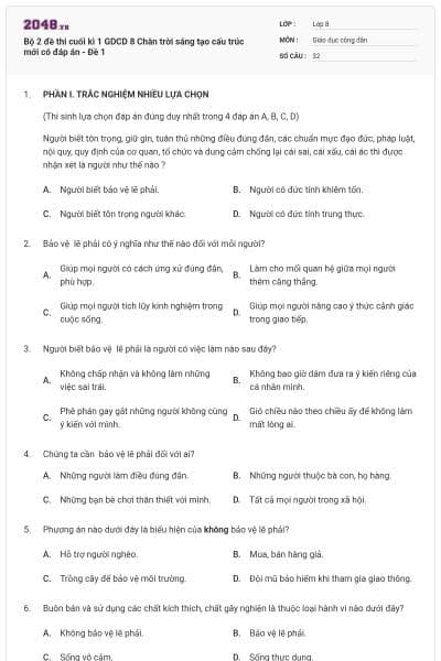 Bộ 2 đề thi cuối kì 1 GDCD 8 Chân trời sáng tạo cấu trúc mới có đáp án - Đề 1