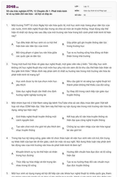 50 câu trắc nghiệm KTPL 12 Chuyên đề 1: Phát triển kinh tế và sự biến đổi văn hóa - xã hội có đáp án
