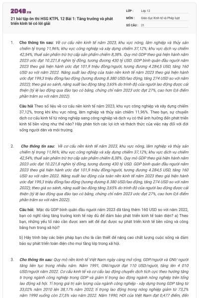 21 bài tập ôn thi HSG KTPL 12 Bài 1: Tăng trưởng và phát triển kinh tế có lời giải