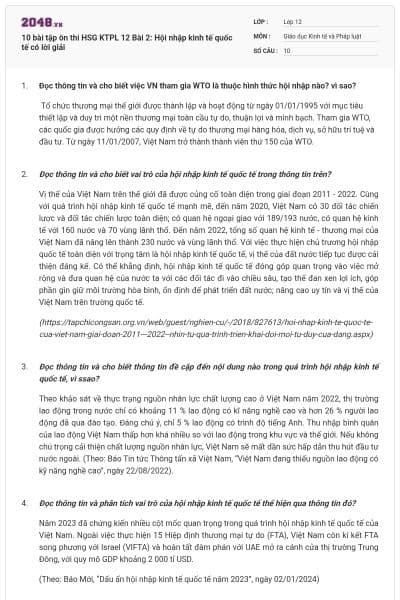 10 bài tập ôn thi HSG KTPL 12 Bài 2: Hội nhập kinh tế quốc tế có lời giải
