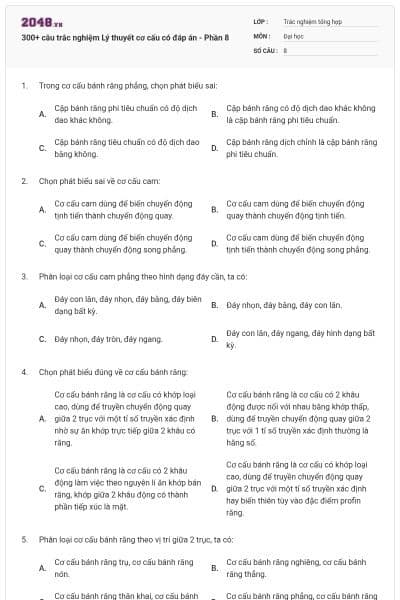 300+ câu trắc nghiệm Lý thuyết cơ cấu có đáp án - Phần 8