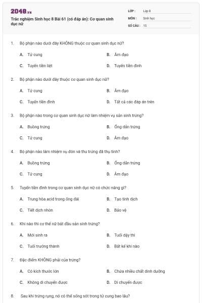 Trắc nghiệm Sinh học 8 Bài 61 (có đáp án): Cơ quan sinh dục nữ