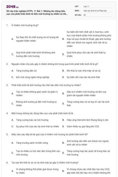 50 câu trắc nghiệm KTPL 11 Bài 1: Những tác động tiêu cực của phát triển kinh tế đến môi trường tự nhiên có đáp án