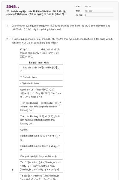 28 câu trắc nghiệm Hóa 10 Kết nối tri thức Bài 9: Ôn tập chương 2 (Đúng sai - Trả lời ngắn) có đáp án (phần 2) - Phần 2