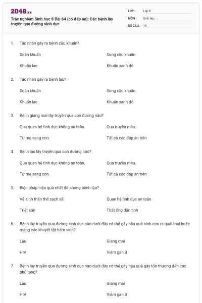 Trắc nghiệm Sinh học 8 Bài 64 (có đáp án): Các bệnh lây truyền qua đường sinh dục