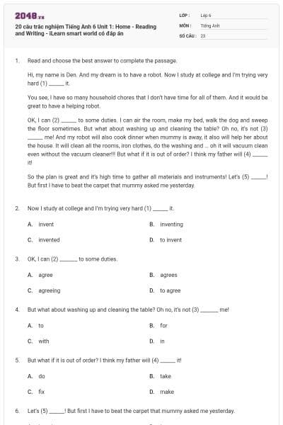 20 câu trắc nghiệm Tiếng Anh 6 Unit 1: Home - Reading and Writing - iLearn smart world có đáp án