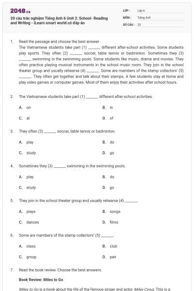 20 câu trắc nghiệm Tiếng Anh 6 Unit 2: School- Reading and Writing - iLearn smart world có đáp án