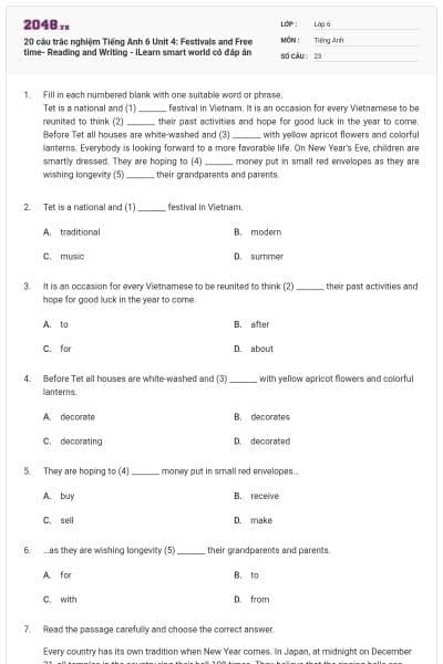 20 câu trắc nghiệm Tiếng Anh 6 Unit 4: Festivals and Free time- Reading and Writing - iLearn smart world có đáp án