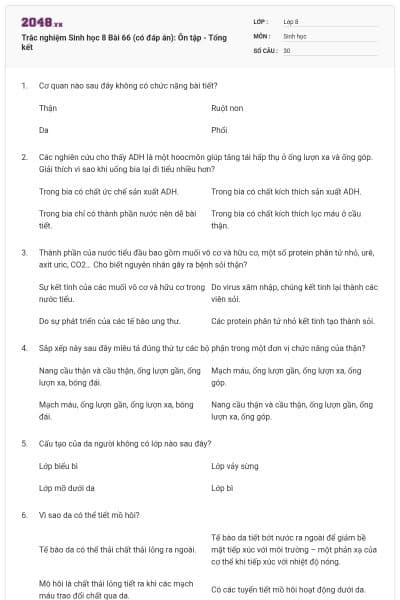 Trắc nghiệm Sinh học 8 Bài 66 (có đáp án): Ôn tập - Tổng kết