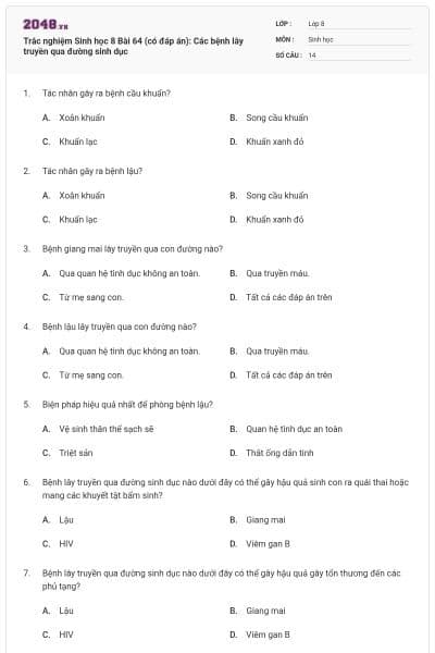 Trắc nghiệm Sinh học 8 Bài 64 (có đáp án): Các bệnh lây truyền qua đường sinh dục