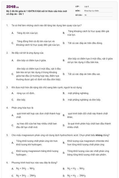Bộ 2 đề thi giữa kì 1 KHTN 8 Kết nối tri thức cấu trúc mới có đáp án - Đề 1