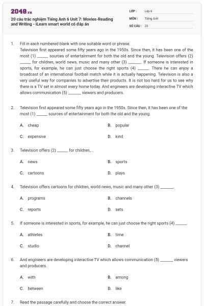 20 câu trắc nghiệm Tiếng Anh 6 Unit 7: Movies-Reading and Writing - iLearn smart world có đáp án