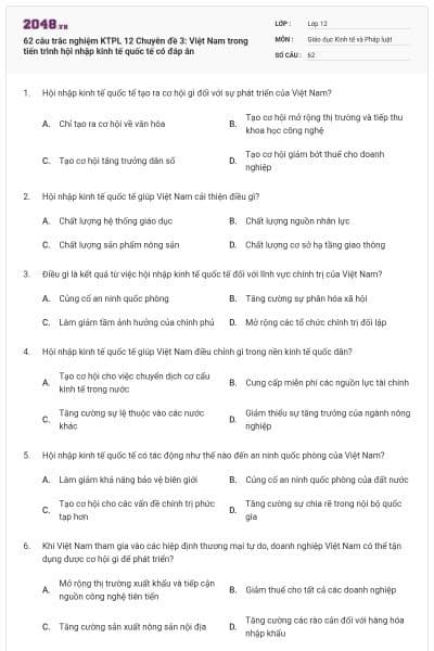 62 câu trắc nghiệm KTPL 12 Chuyên đề 3: Việt Nam trong tiến trình hội nhập kinh tế quốc tế có đáp án