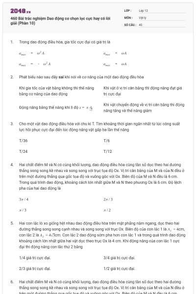 460 Bài trắc nghiệm Dao động cơ chọn lọc cực hay có lời giải (Phần 10)