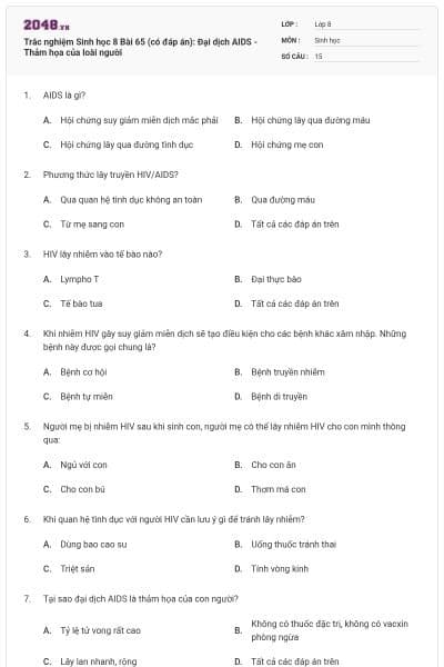 Trắc nghiệm Sinh học 8 Bài 65 (có đáp án): Đại dịch AIDS - Thảm họa của loài người