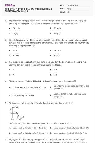 ĐỀ THI THỬ THPTQG CHUẨN CẤU TRÚC CỦA BỘ GIÁO DỤC MÔN VẬT LÝ (Đề số 3)