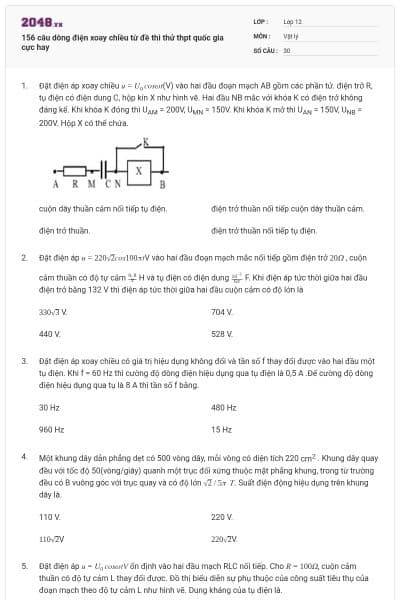 156 câu dòng điện xoay chiều từ đề thi thử thpt quốc gia cực hay
