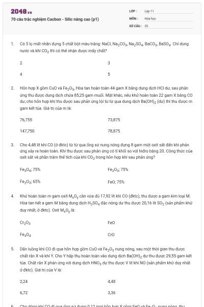 70 câu trắc nghiệm Cacbon - Silic nâng cao (p1)