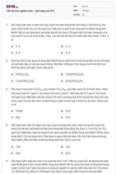 150 câu trắc nghiệm Este - Lipit nâng cao (P7)