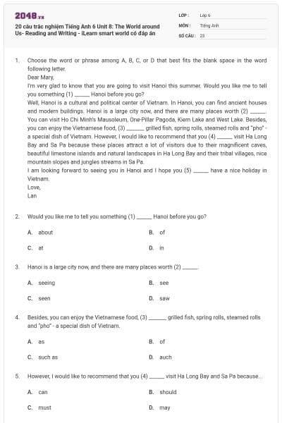 20 câu trắc nghiệm Tiếng Anh 6 Unit 8: The World around Us- Reading and Writing - iLearn smart world có đáp án