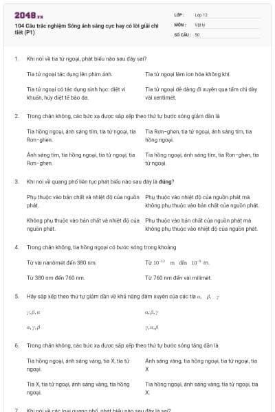 104 Câu trắc nghiệm Sóng ánh sáng cực hay có lời giải chi tiết (P1)