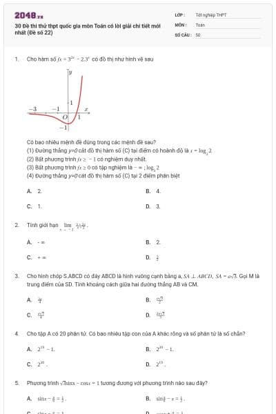 30 Đề thi thử thpt quốc gia môn Toán có lời giải chi tiết mới nhất (Đề số 22)