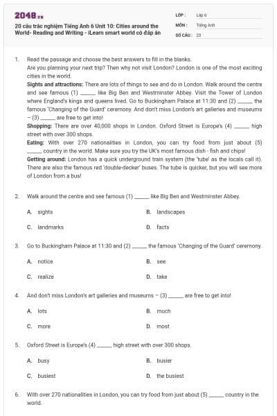 20 câu trắc nghiệm Tiếng Anh 6 Unit 10: Cities around the World- Reading and Writing - iLearn smart world có đáp án
