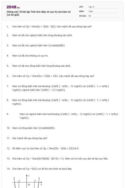 (Đúng sai) 18 bài tập Tính đơn diệu và cực trị của hàm số (có lời giải)