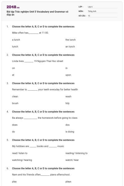 Bài tập Trắc nghiệm Unit 5 Vocabulary and Grammar có đáp án