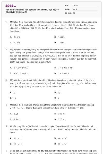 524 Bài trắc nghiệm Dao động cơ từ đề thi thử cực hay có lời giải chi tiết(Đề số 3)