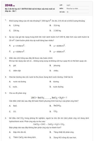 Bộ 2 đề thi học kì 1 KHTN 8 Kết nối tri thức cấu trúc mới có đáp án - Đề 1