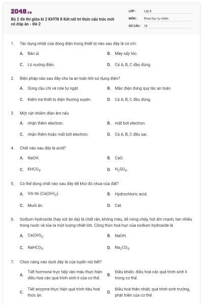 Bộ 2 đề thi giữa kì 2 KHTN 8 Kết nối tri thức cấu trúc mới có đáp án - Đề 2
