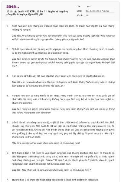 10 bài tập ôn thi HSG KTPL 12 Bài 11: Quyền và nnghĩ vụ công dân trong học tập có lời giải