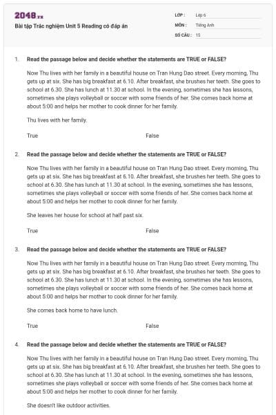 Bài tập Trắc nghiệm Unit 5 Reading có đáp án