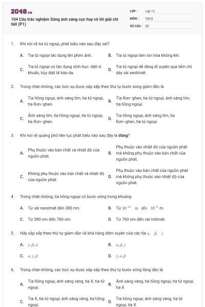 104 Câu trắc nghiệm Sóng ánh sáng cực hay có lời giải chi tiết (P1)