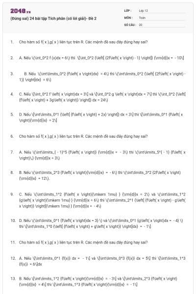 (Đúng sai) 24 bài tập Tích phân (có lời giải)- Đề 2