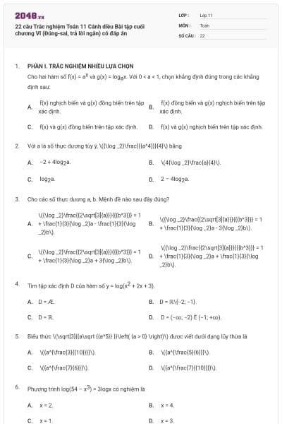 22 câu Trắc nghiệm Toán 11 Cánh diều Bài tập cuối chương VI (Đúng-sai, trả lời ngắn) có đáp án