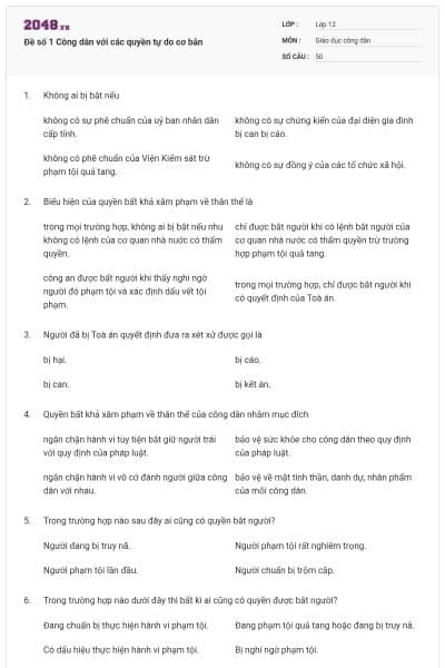 Đề số 1 Công dân với các quyền tự do cơ bản