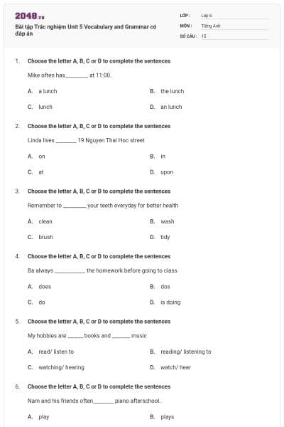 Bài tập Trắc nghiệm Unit 5 Vocabulary and Grammar có đáp án