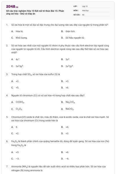 60 câu trắc nghiệm Hóa 10 Kết nối tri thức Bài 15: Phản ứng oxi hóa - khử có đáp án